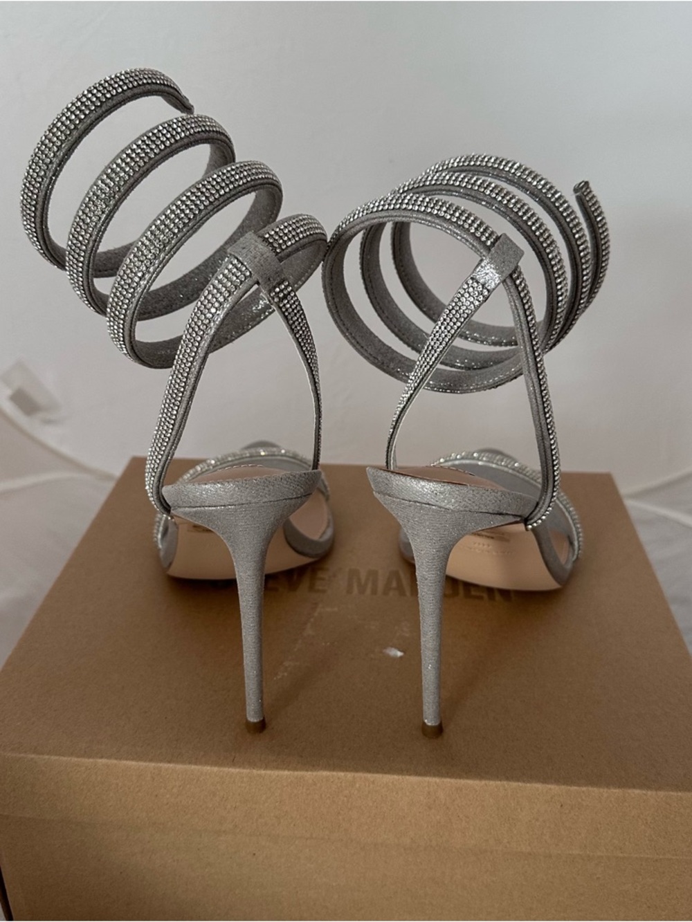 Steve Madden Bali Rhinestone Silver Spiral Wrap Stiletto Heels Size 11 New - Picture 2 of 9